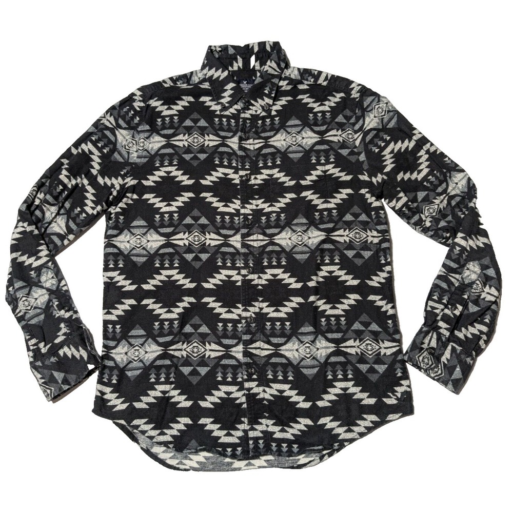 AMERICAN EAGLE CLASSIC FIT Men Medium Black Aztec Southwestern Flannel Shirt